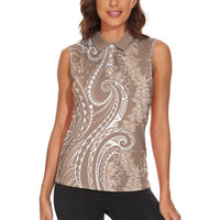 Polynesia Plumeria Lei Women Sleeveless Polo Shirt Beige Curves Motif