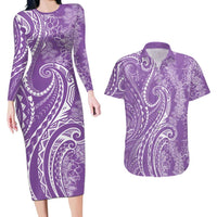 Polynesia Plumeria Lei Couples Matching Long Sleeve Bodycon Dress and Hawaiian Shirt Periwinkle Curves Motif LT7 Periwinkle - Polynesian Pride