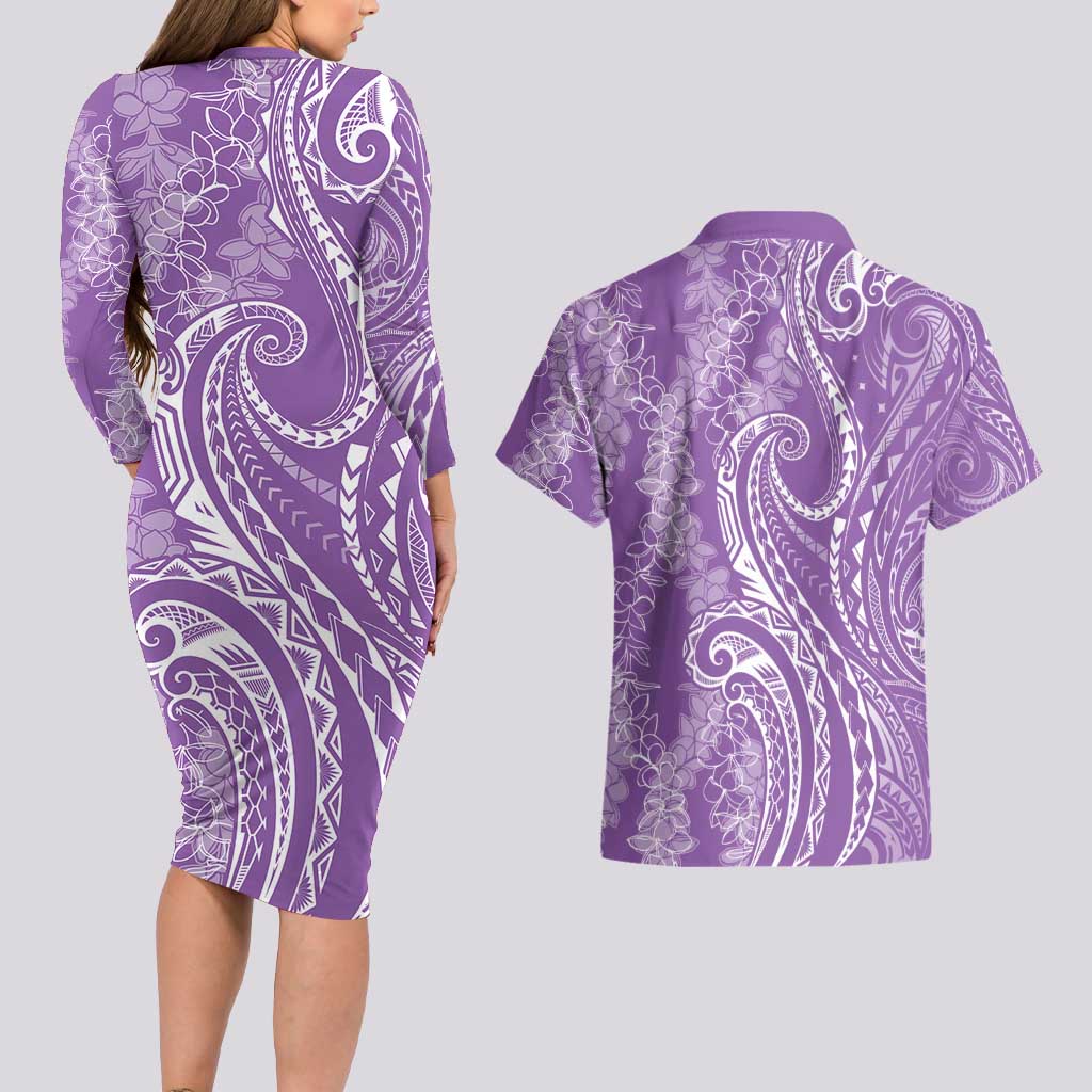 Polynesia Plumeria Lei Couples Matching Long Sleeve Bodycon Dress and Hawaiian Shirt Periwinkle Curves Motif LT7 - Polynesian Pride