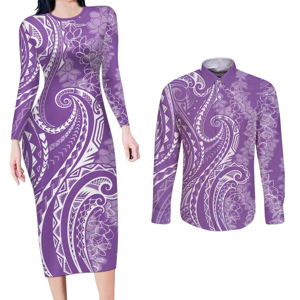 Polynesia Plumeria Lei Couples Matching Long Sleeve Bodycon Dress and Long Sleeve Button Shirt Periwinkle Curves Motif LT7 Periwinkle - Polynesian Pride