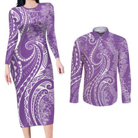 Polynesia Plumeria Lei Couples Matching Long Sleeve Bodycon Dress and Long Sleeve Button Shirt Periwinkle Curves Motif LT7 Periwinkle - Polynesian Pride