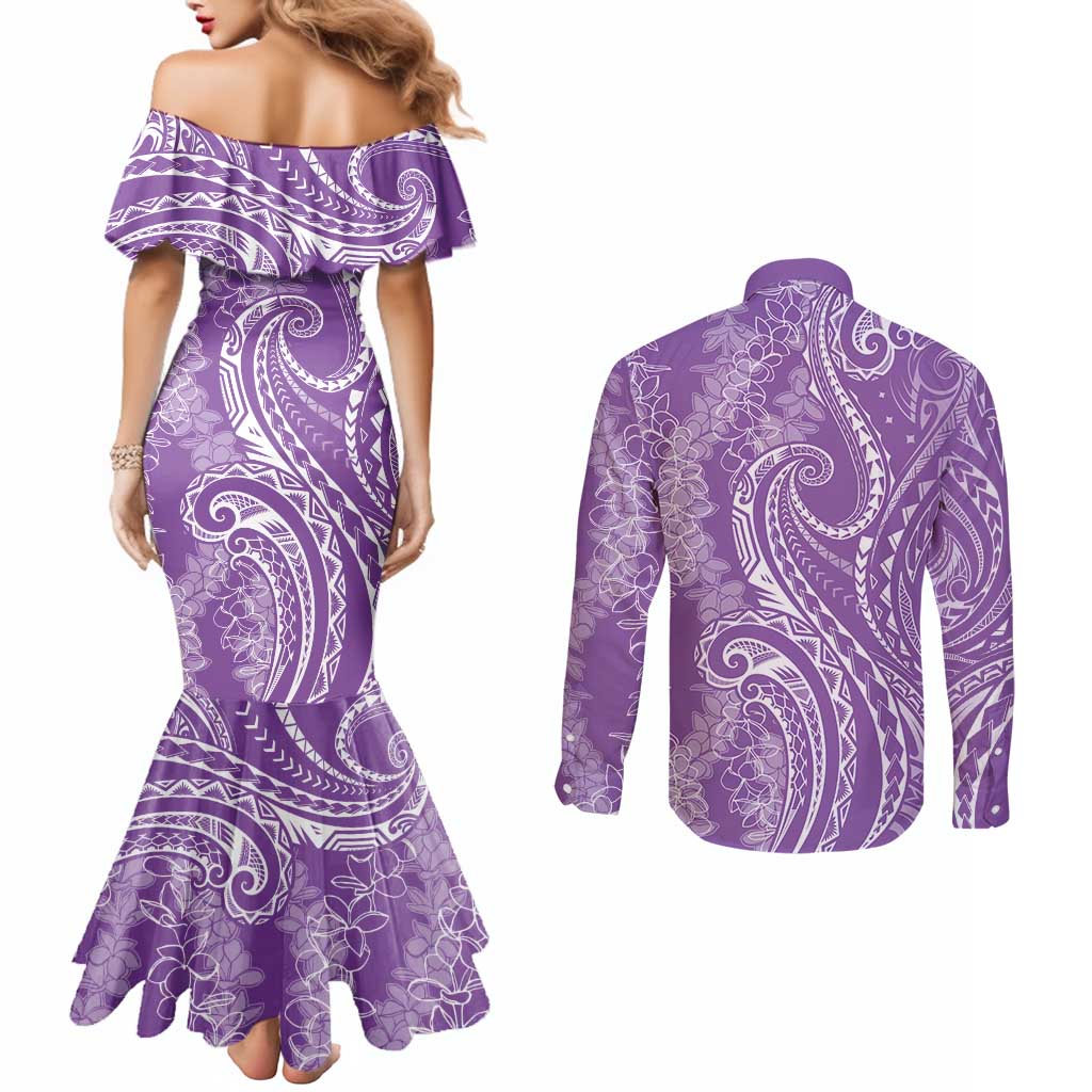 Polynesia Plumeria Lei Couples Matching Mermaid Dress and Long Sleeve Button Shirt Periwinkle Curves Motif