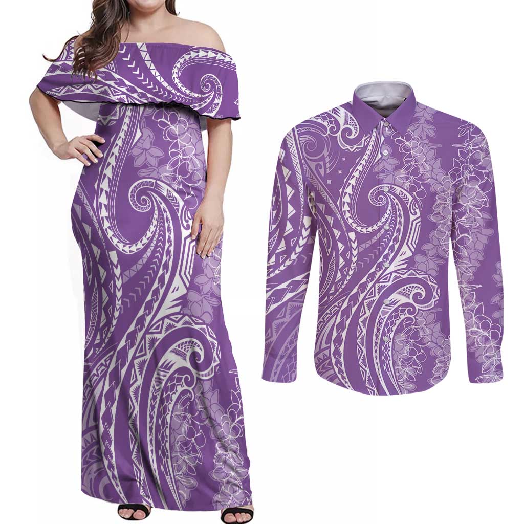Polynesia Plumeria Lei Couples Matching Off Shoulder Maxi Dress and Long Sleeve Button Shirt Periwinkle Curves Motif