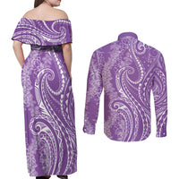 Polynesia Plumeria Lei Couples Matching Off Shoulder Maxi Dress and Long Sleeve Button Shirt Periwinkle Curves Motif