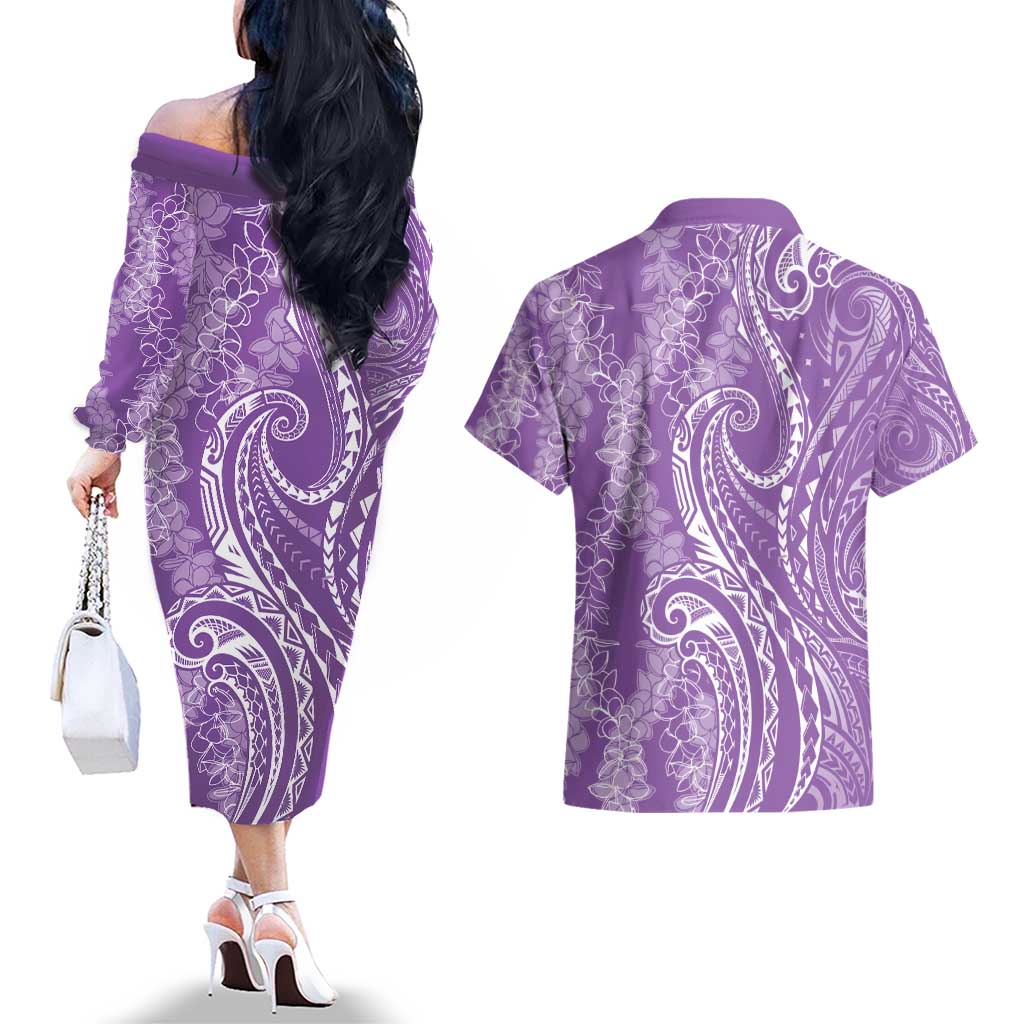 Polynesia Plumeria Lei Couples Matching Off The Shoulder Long Sleeve Dress and Hawaiian Shirt Periwinkle Curves Motif LT7 - Polynesian Pride