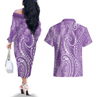 Polynesia Plumeria Lei Couples Matching Off The Shoulder Long Sleeve Dress and Hawaiian Shirt Periwinkle Curves Motif LT7 - Polynesian Pride