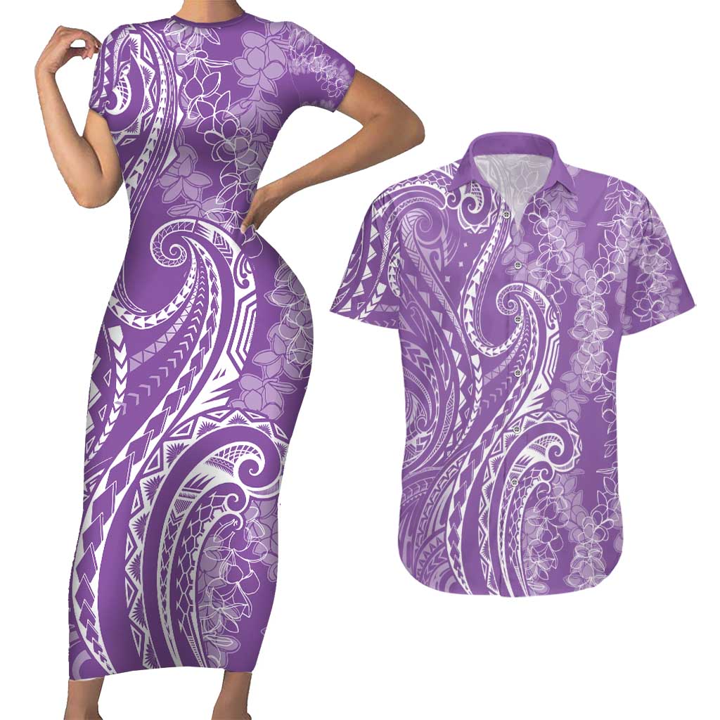 Polynesia Plumeria Lei Couples Matching Short Sleeve Bodycon Dress and Hawaiian Shirt Periwinkle Curves Motif LT7 Periwinkle - Polynesian Pride