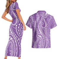 Polynesia Plumeria Lei Couples Matching Short Sleeve Bodycon Dress and Hawaiian Shirt Periwinkle Curves Motif LT7 - Polynesian Pride