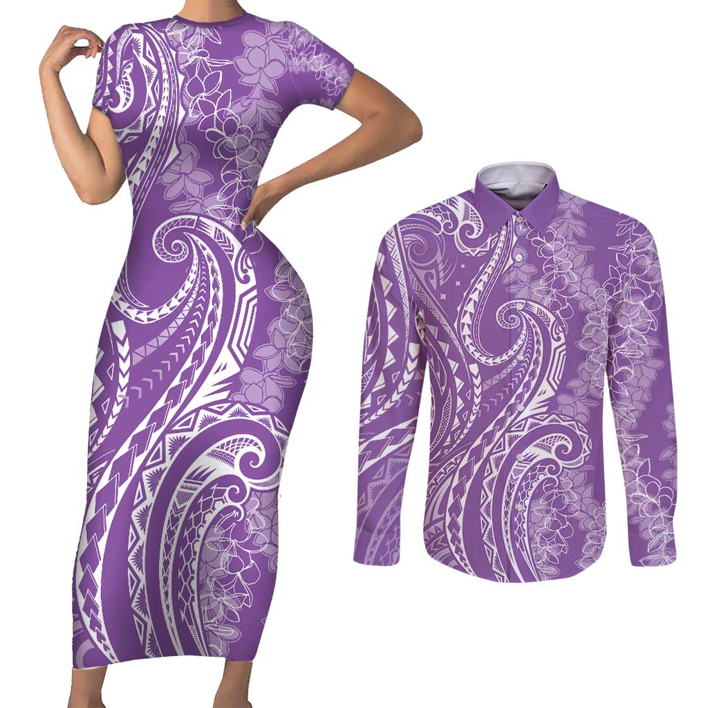 Polynesia Plumeria Lei Couples Matching Short Sleeve Bodycon Dress and Long Sleeve Button Shirt Periwinkle Curves Motif LT7 Periwinkle - Polynesian Pride