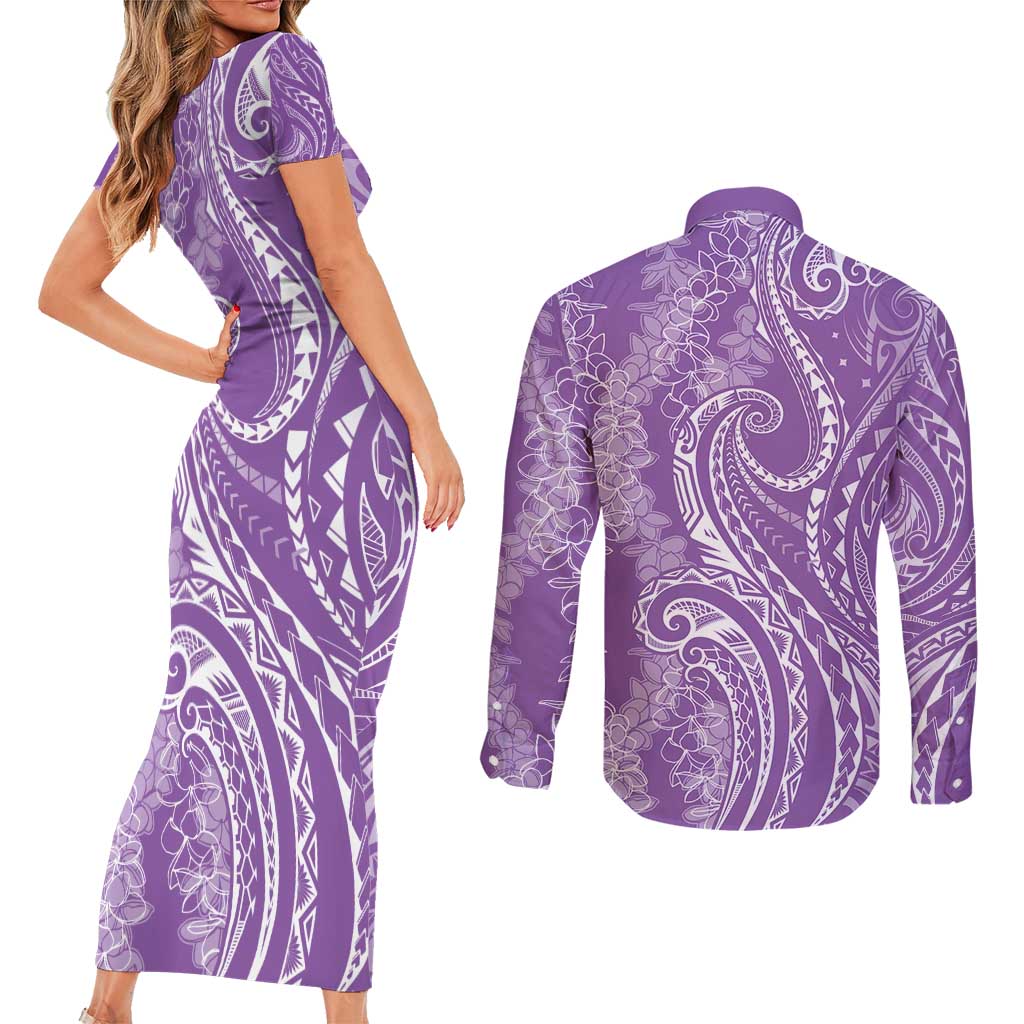 Polynesia Plumeria Lei Couples Matching Short Sleeve Bodycon Dress and Long Sleeve Button Shirt Periwinkle Curves Motif LT7 - Polynesian Pride