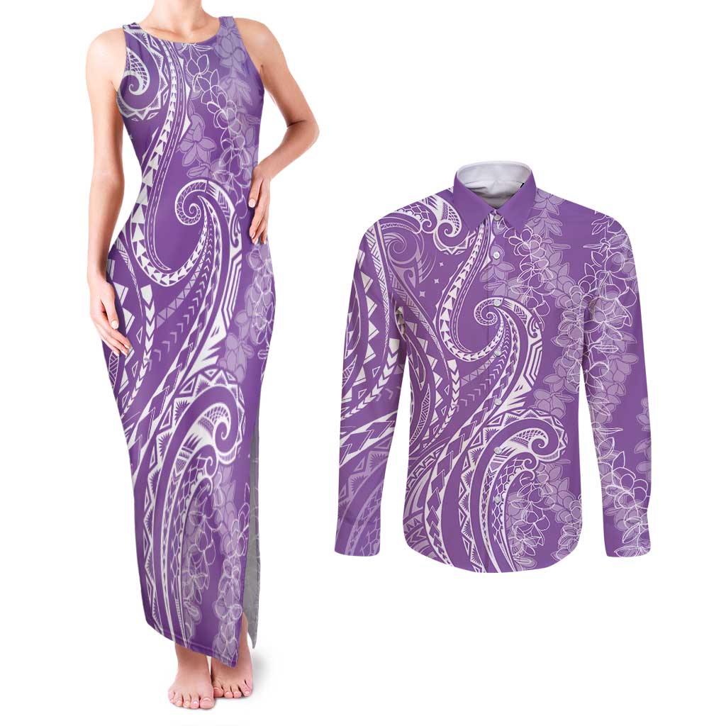 Polynesia Plumeria Lei Couples Matching Tank Maxi Dress and Long Sleeve Button Shirt Periwinkle Curves Motif