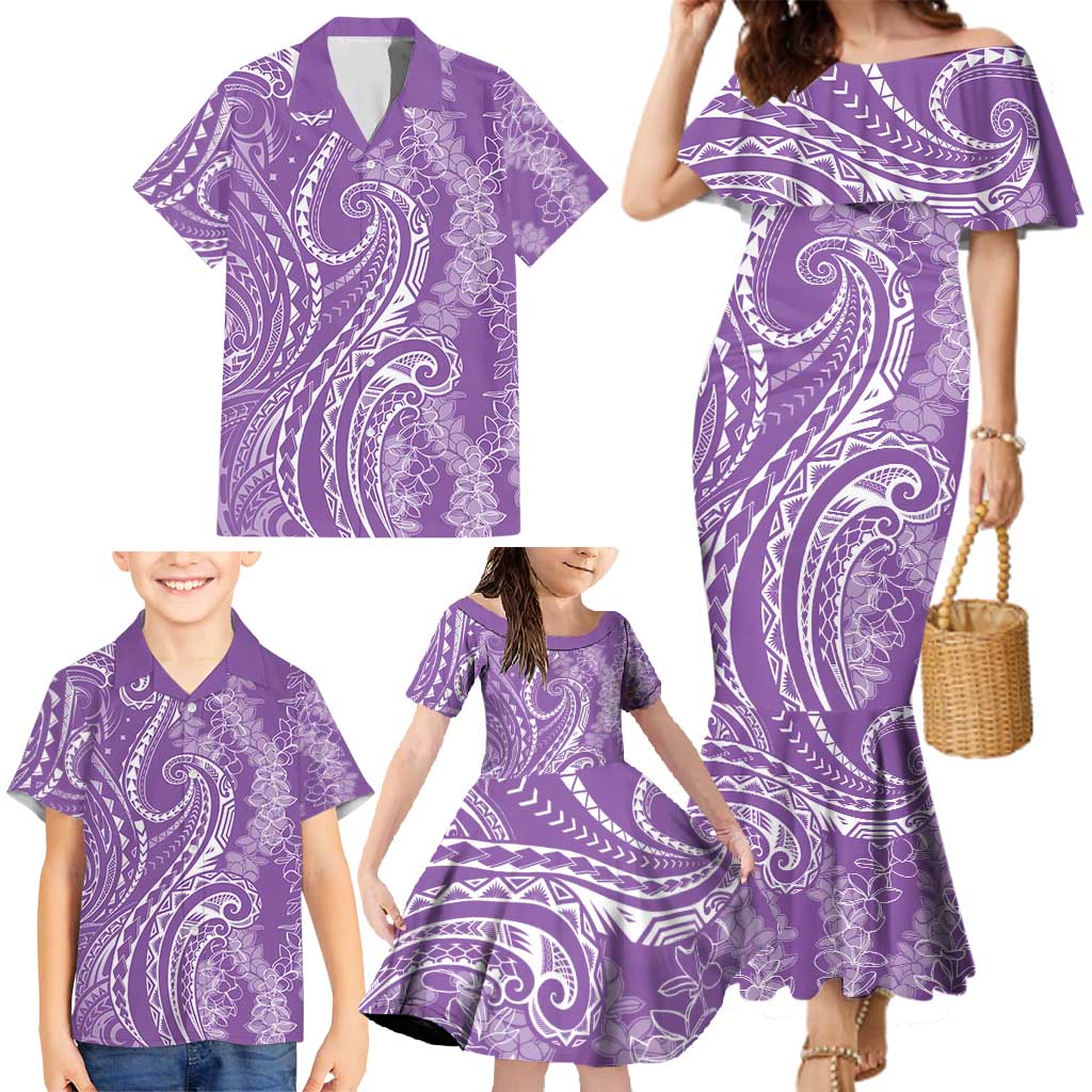 Polynesia Plumeria Lei Family Matching Mermaid Dress and Hawaiian Shirt Periwinkle Curves Motif LT7 - Polynesian Pride