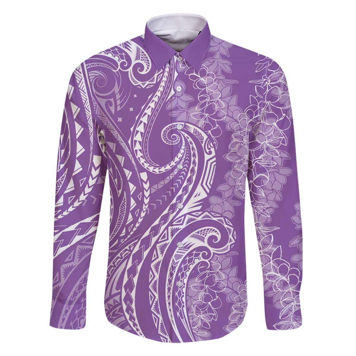 Polynesia Plumeria Lei Family Matching Off The Shoulder Long Sleeve Dress and Hawaiian Shirt Periwinkle Curves Motif LT7 Dad's Shirt - Long Sleeve Periwinkle - Polynesian Pride