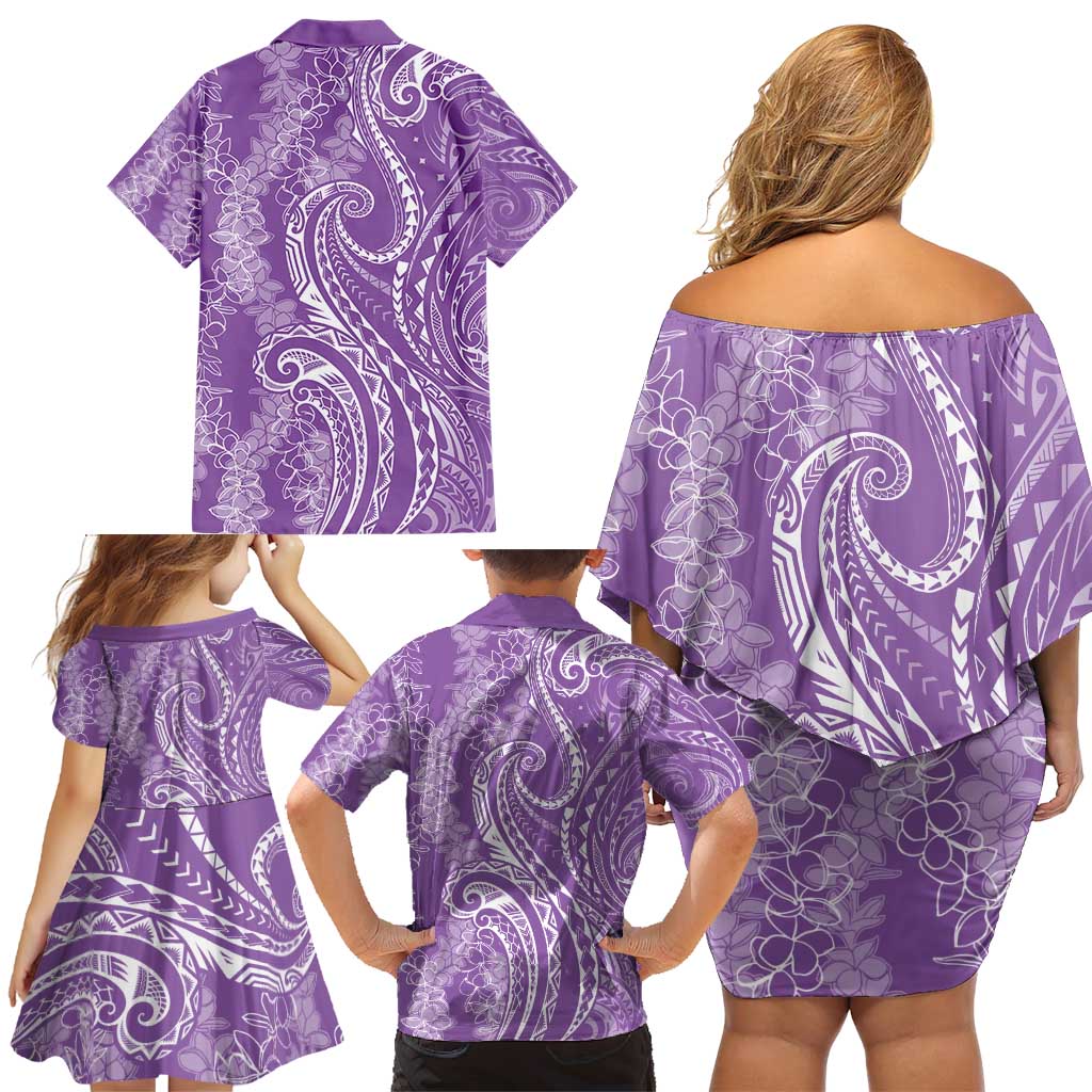 Polynesia Plumeria Lei Family Matching Off Shoulder Short Dress and Hawaiian Shirt Periwinkle Curves Motif LT7 - Polynesian Pride