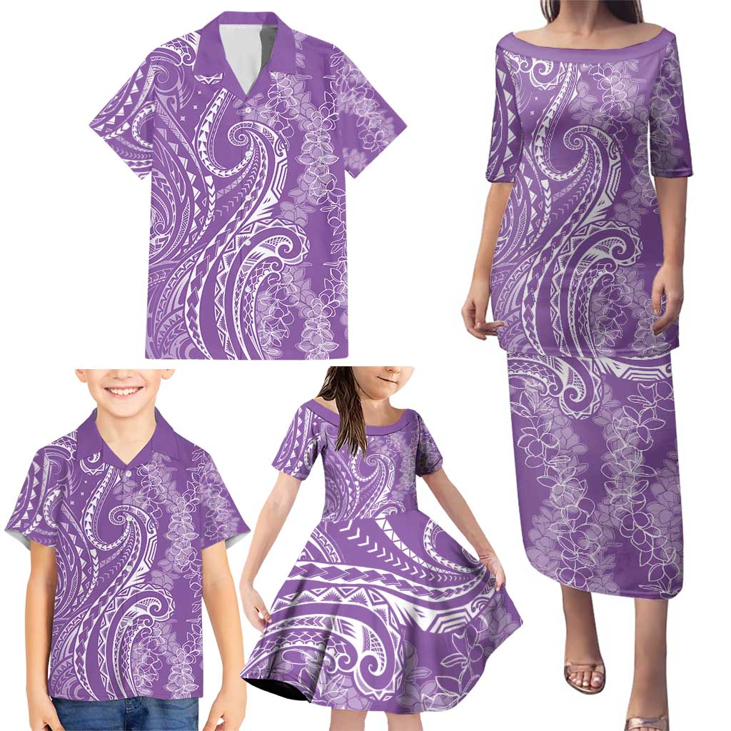 Polynesia Plumeria Lei Family Matching Puletasi and Hawaiian Shirt Periwinkle Curves Motif LT7 - Polynesian Pride