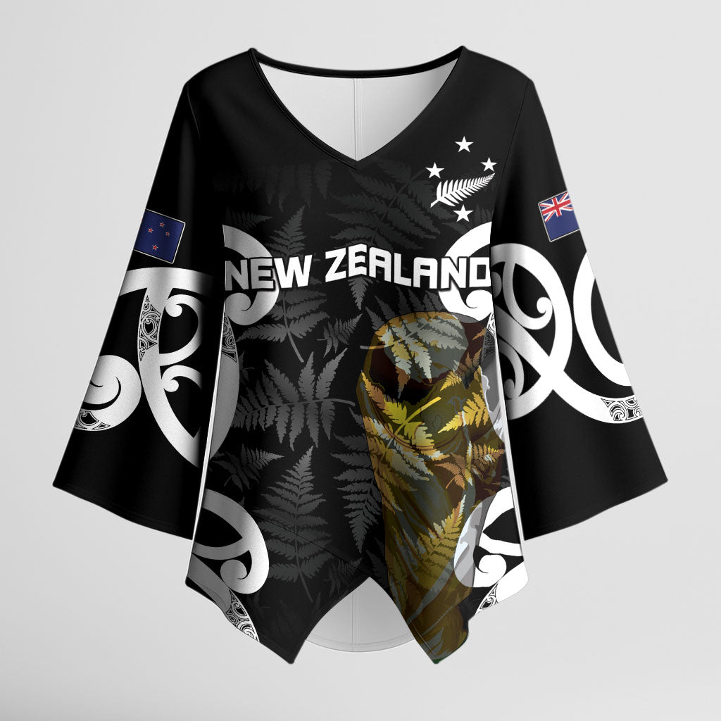 New Zealand WC2026 Custom Black Kimono Sleeve Blouse Silver Fern LT7 Female Black - Polynesian Pride