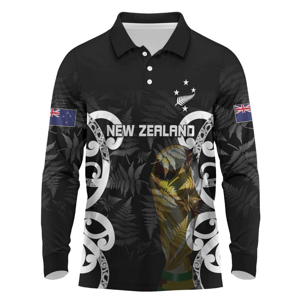 New Zealand WC2026 Custom Black Long Sleeve Polo Shirt Silver Fern LT7 Black - Polynesian Pride