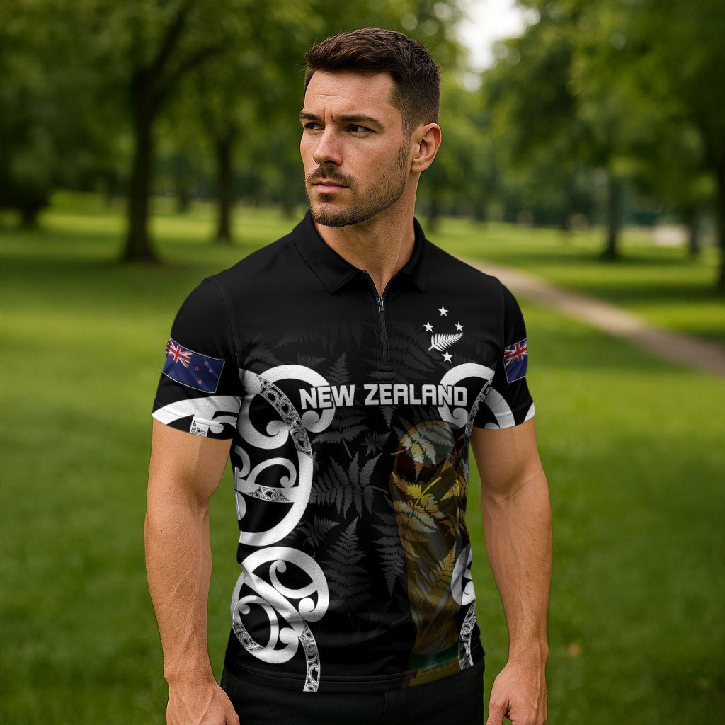 New Zealand WC2026 Custom Black Zipper Polo Shirt Silver Fern