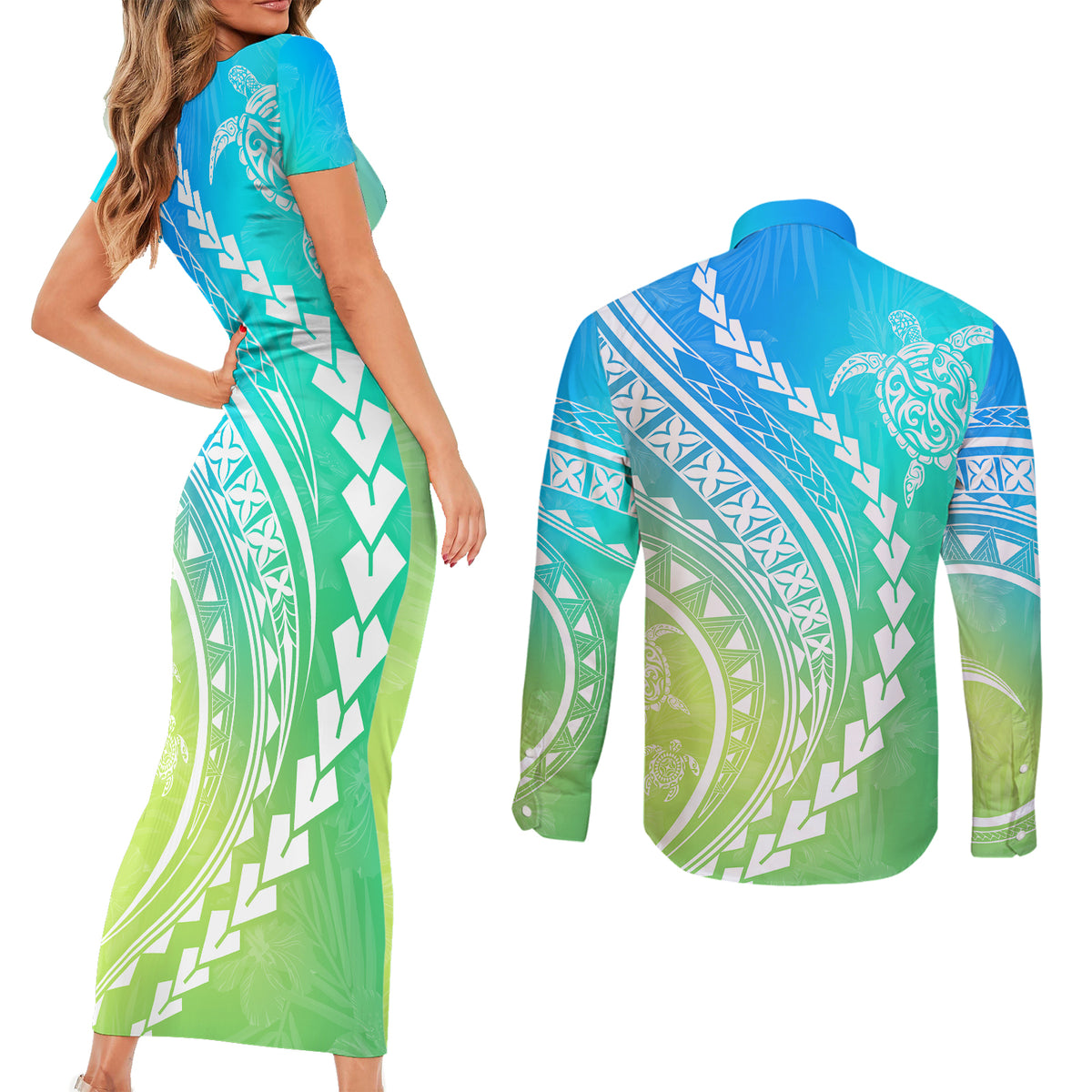 Polynesian Pride Couples Matching Short Sleeve Bodycon Dress and Long Sleeve Button Shirts Turtle Hibiscus Luxury Style - Gradient Blue LT7 - Polynesian Pride