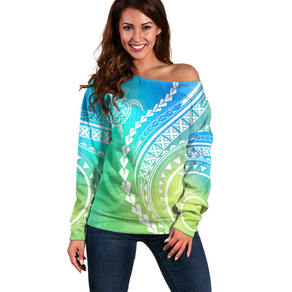 Polynesian Pride Off Shoulder Sweater Turtle Hibiscus Luxury Style - Gradient Blue LT7 Women Blue Green - Polynesian Pride