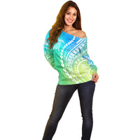 Polynesian Pride Off Shoulder Sweater Turtle Hibiscus Luxury Style - Gradient Blue LT7 - Polynesian Pride