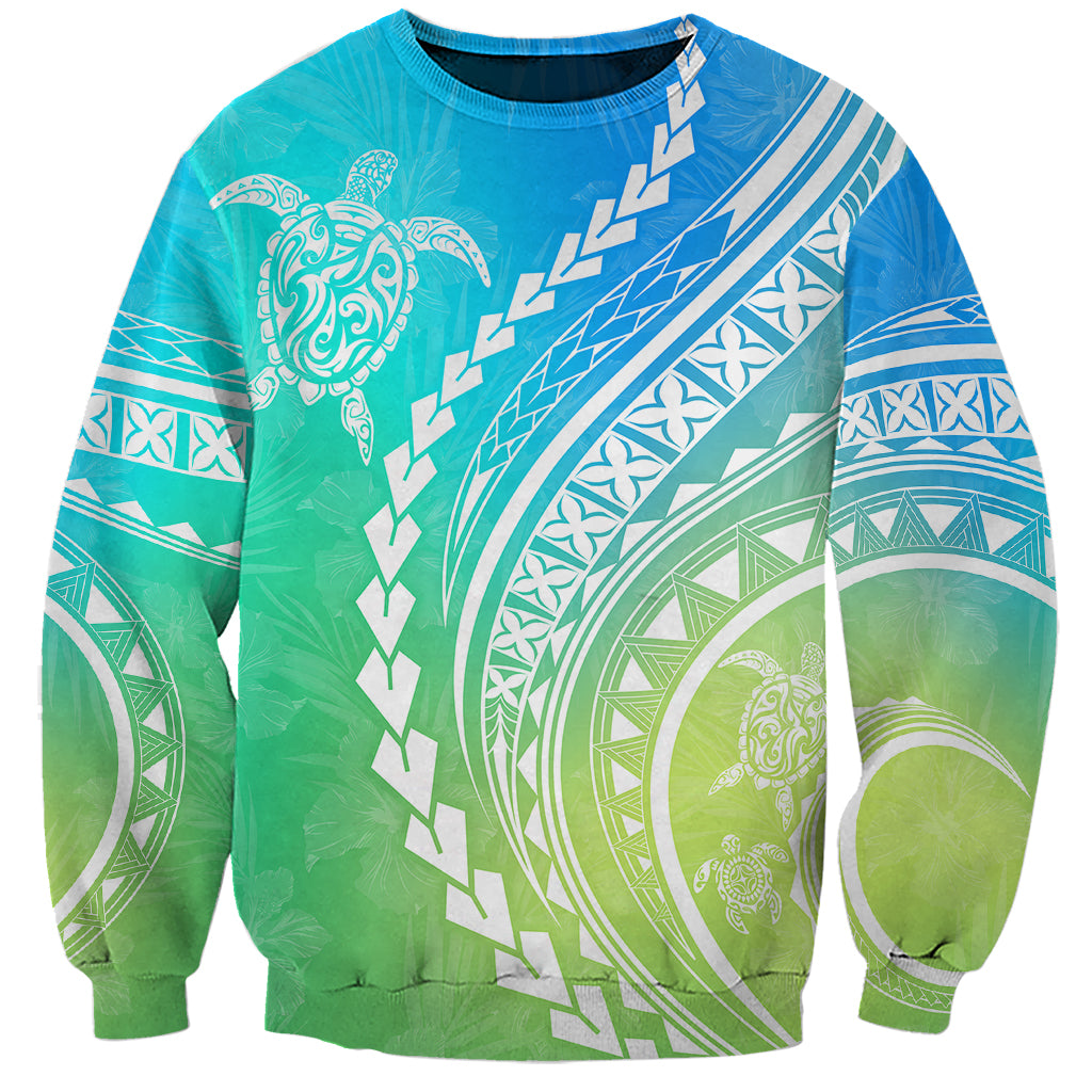 Polynesian Pride Sweatshirt Turtle Hibiscus Luxury Style - Gradient Blue LT7 Unisex Blue Green - Polynesian Pride