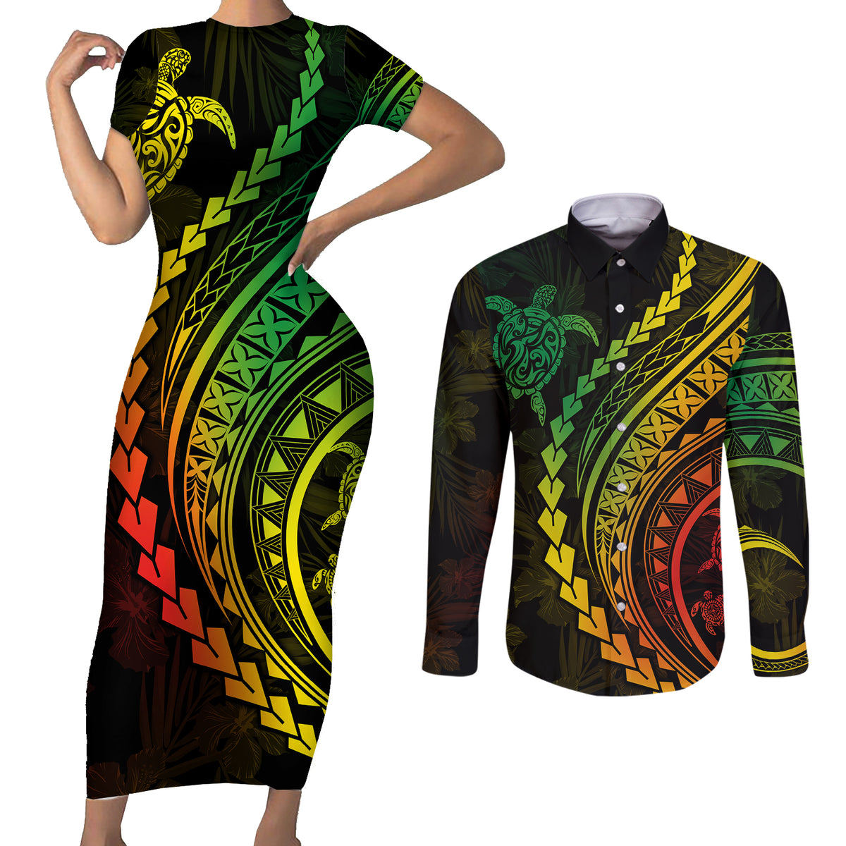 Polynesian Pride Couples Matching Short Sleeve Bodycon Dress and Long Sleeve Button Shirts Turtle Hibiscus Luxury Style - Reggae Ver2 LT7 Reggae - Polynesian Pride