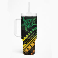 Polynesian Pride Tumbler With Handle Turtle Hibiscus Luxury Style - Reggae Ver2