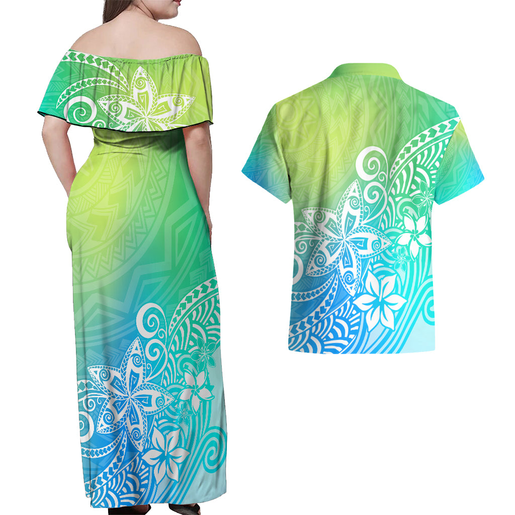 Polynesia Couples Matching Off Shoulder Maxi Dress and Hawaiian Shirt Plumeria Blue Gradient Curves LT7 - Polynesian Pride