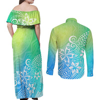 Polynesia Couples Matching Off Shoulder Maxi Dress and Long Sleeve Button Shirts Plumeria Blue Gradient Curves LT7 - Polynesian Pride