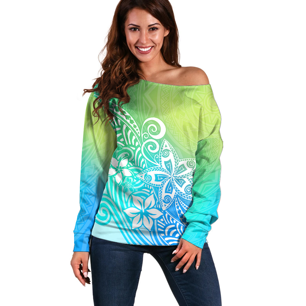 Polynesia Off Shoulder Sweater Plumeria Blue Gradient Curves LT7 Women Blue Green - Polynesian Pride