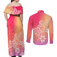 Polynesia Couples Matching Off Shoulder Maxi Dress and Long Sleeve Button Shirts Plumeria Pink Gradient Curves LT7 - Polynesian Pride