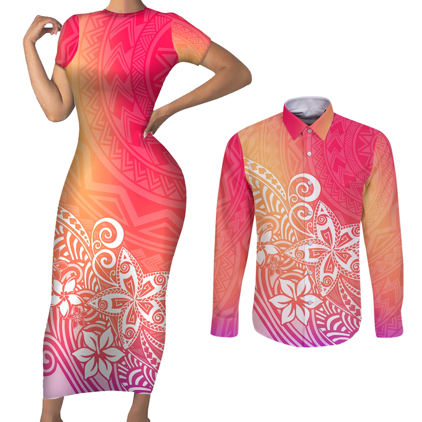 Polynesia Couples Matching Short Sleeve Bodycon Dress and Long Sleeve Button Shirts Plumeria Pink Gradient Curves LT7 Pink - Polynesian Pride