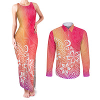 Polynesia Couples Matching Tank Maxi Dress and Long Sleeve Button Shirts Plumeria Pink Gradient Curves LT7 Pink - Polynesian Pride
