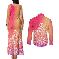 Polynesia Couples Matching Tank Maxi Dress and Long Sleeve Button Shirts Plumeria Pink Gradient Curves LT7 - Polynesian Pride