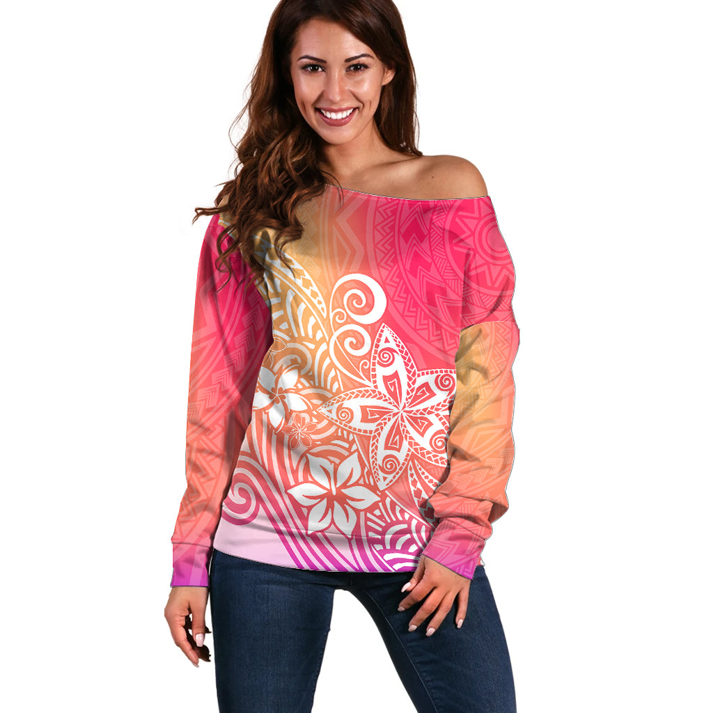 Polynesia Off Shoulder Sweater Plumeria Pink Gradient Curves LT7 Women Pink - Polynesian Pride