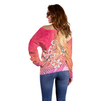 Polynesia Off Shoulder Sweater Plumeria Pink Gradient Curves LT7 - Polynesian Pride