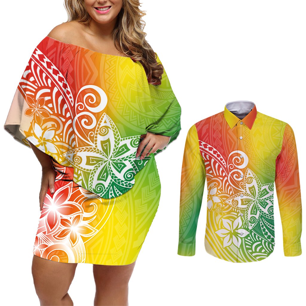 Polynesia Couples Matching Off Shoulder Short Dress and Long Sleeve Button Shirts Plumeria Reggae Curves LT7 Reggae - Polynesian Pride