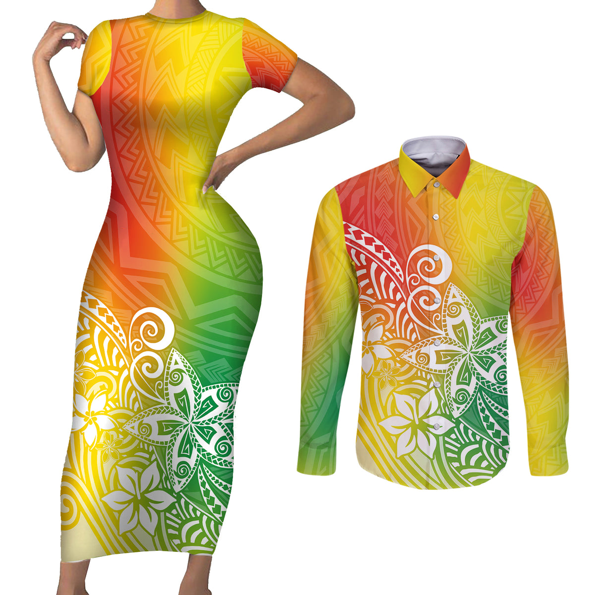 Polynesia Couples Matching Short Sleeve Bodycon Dress and Long Sleeve Button Shirts Plumeria Reggae Curves LT7 Reggae - Polynesian Pride