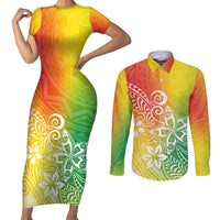 Polynesia Couples Matching Short Sleeve Bodycon Dress and Long Sleeve Button Shirts Plumeria Reggae Curves LT7 Reggae - Polynesian Pride