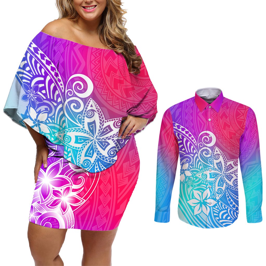 Polynesia Couples Matching Off Shoulder Short Dress and Long Sleeve Button Shirts Plumeria Galaxy Gradient Curves LT7 Galaxy - Polynesian Pride