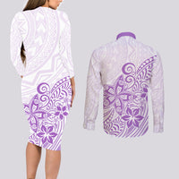 Polynesia Couples Matching Long Sleeve Bodycon Dress and Long Sleeve Button Shirts Plumeria Lavender Curves LT7 - Polynesian Pride