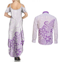 Polynesia Couples Matching Summer Maxi Dress and Long Sleeve Button Shirts Plumeria Lavender Curves LT7 - Polynesian Pride