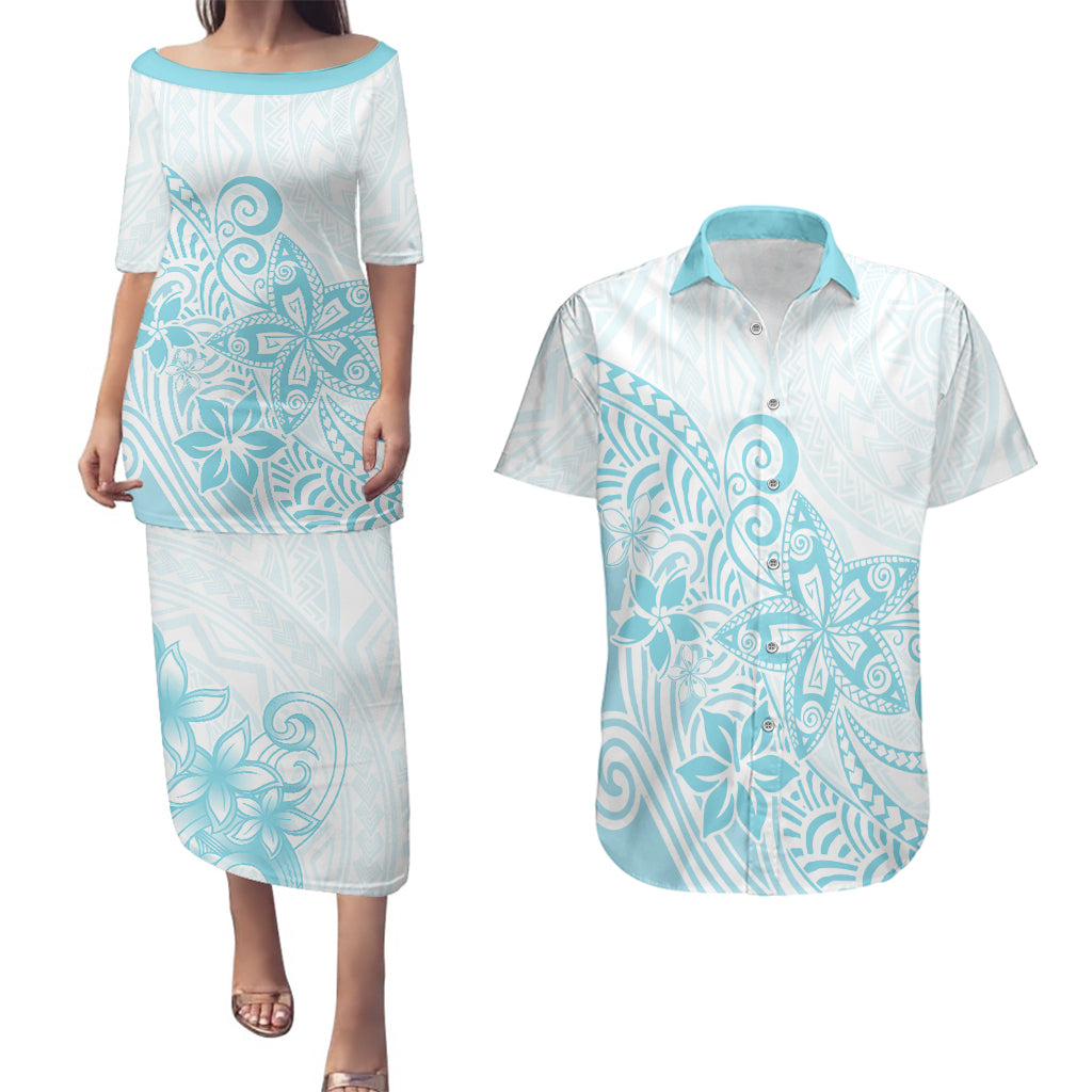 Polynesia Couples Matching Puletasi Dress and Hawaiian Shirt Plumeria Turquoise Curves LT7 Turquoise - Polynesian Pride
