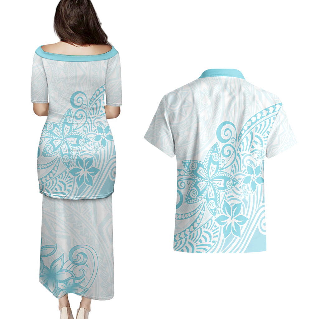 Polynesia Couples Matching Puletasi Dress and Hawaiian Shirt Plumeria Turquoise Curves LT7 - Polynesian Pride