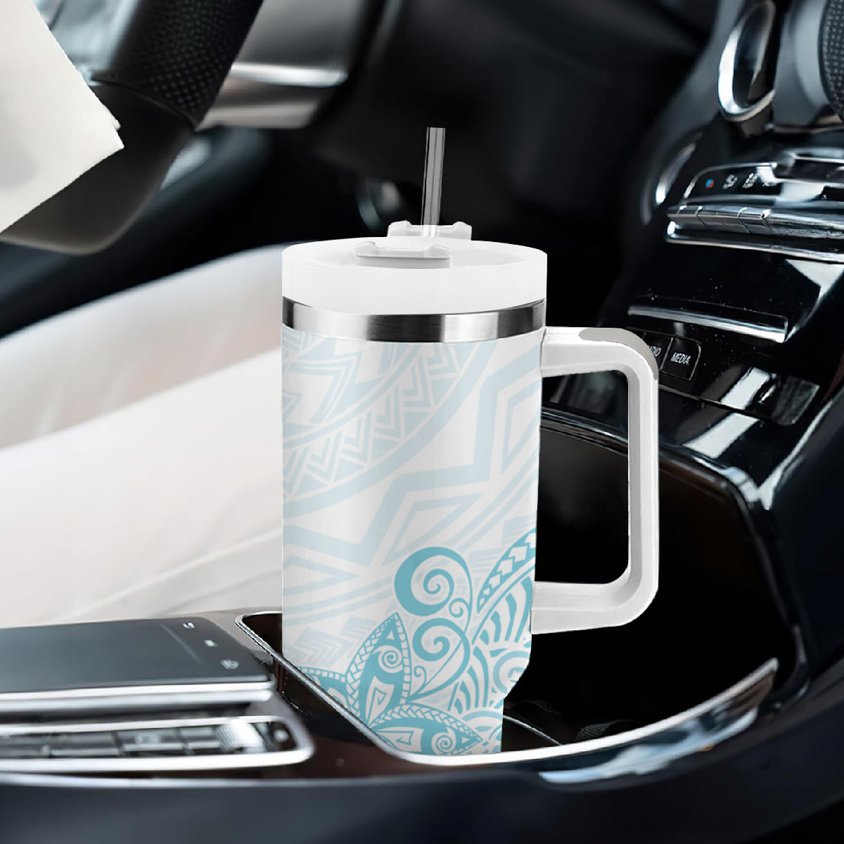 Polynesia Tumbler With Handle Plumeria Turquoise Curves