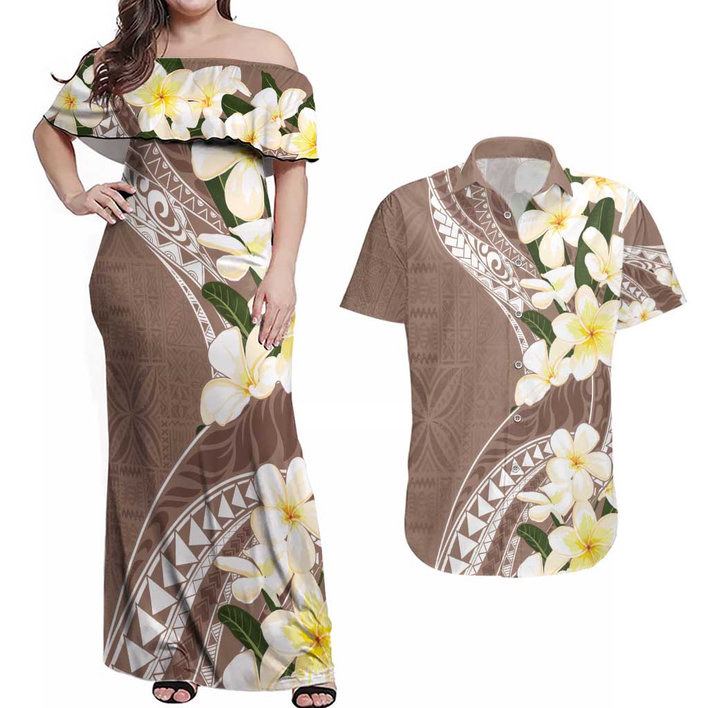 Aloha Hawaii Festive Couples Matching Off Shoulder Maxi Dress and Hawaiian Shirt Frangipani Lace Classic - Beige LT7 Beige - Polynesian Pride