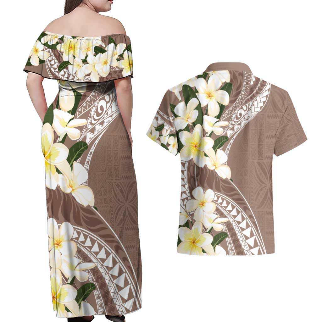 Aloha Hawaii Festive Couples Matching Off Shoulder Maxi Dress and Hawaiian Shirt Frangipani Lace Classic - Beige LT7 - Polynesian Pride