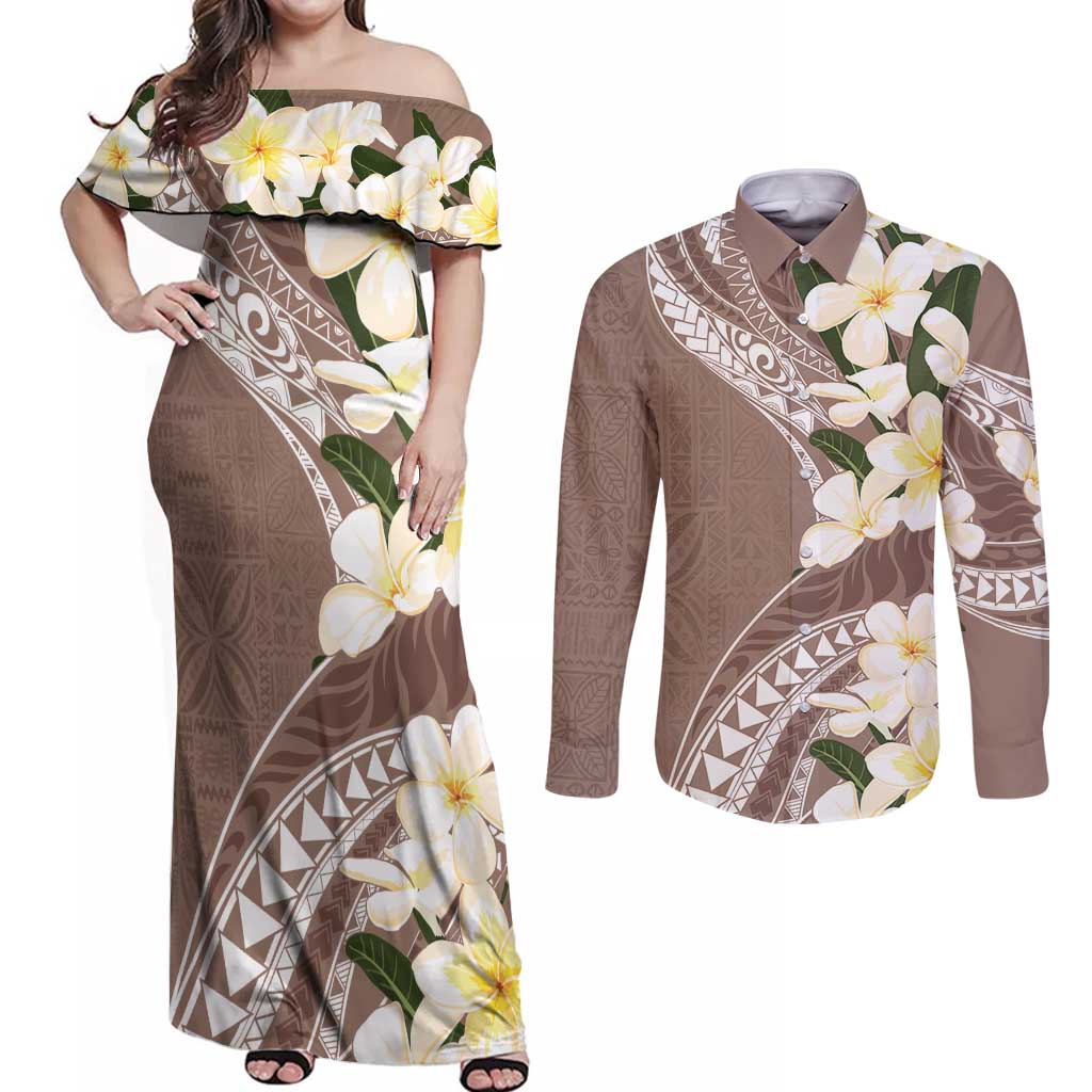 Aloha Hawaii Festive Couples Matching Off Shoulder Maxi Dress and Long Sleeve Button Shirt Frangipani Lace Classic - Beige LT7 Beige - Polynesian Pride