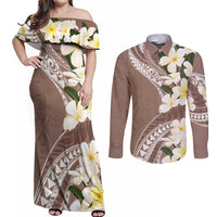 Aloha Hawaii Festive Couples Matching Off Shoulder Maxi Dress and Long Sleeve Button Shirt Frangipani Lace Classic - Beige LT7 Beige - Polynesian Pride
